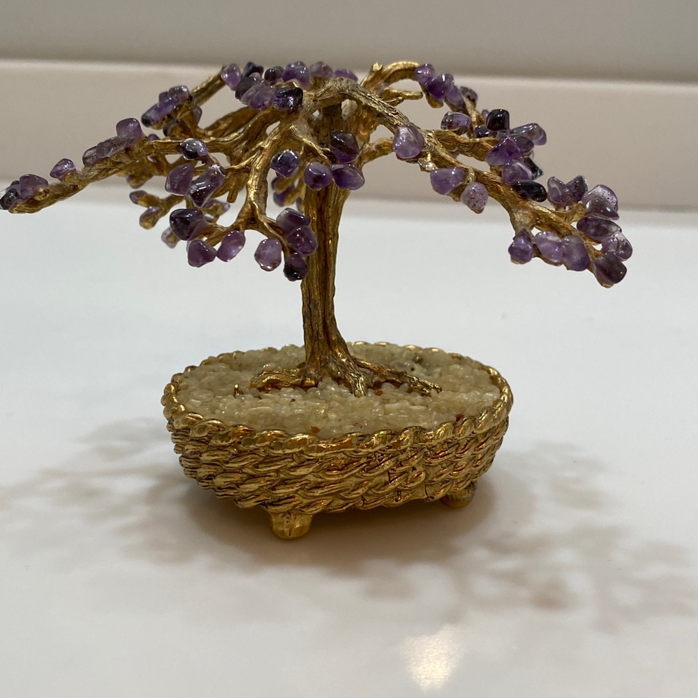 Vintage Chinese Gemstone Amethyst Tree Gold Tone Potted Plant Sculpture Braided